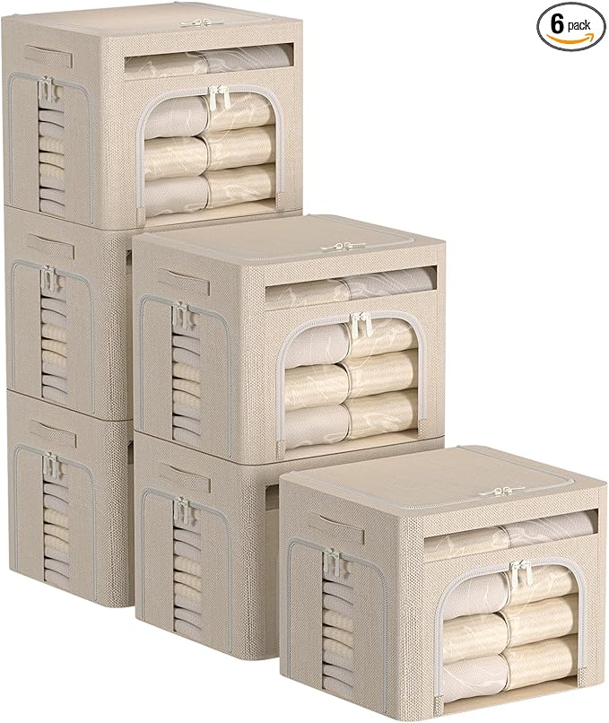 FHSQX 6 Pack Foldable Storage Bins for Clothes Clothes Storage Bins with Metal Frame Stackable Storage Box with Lid (Beige, 1
