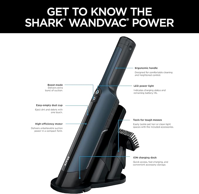 Shark WV410BL WANDVAC Cordless Hand Vacuum, Ultra-Lightweight & Portable with Powerful Suction & Tools for Pets, Designed for