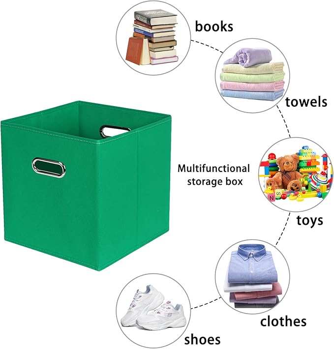 Green Foldable Storage Bins, 11x11x11, Set of 3, (Fabric Cube Organizer with Handle, for Cloth or Accessory Storage)
