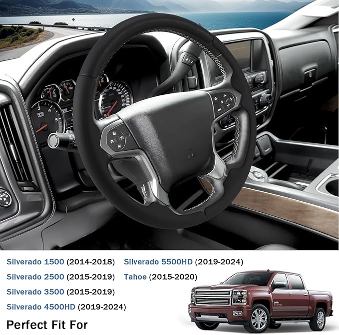 Steering Wheel Cover for Chevy Silverado 1500 2014-2018/2500 2500HD 3500 3500HD 2015-2019/ 4500HD 5500HD 6500HD 2019-2024/ Suburban Tahoe 2015-2020/ Colorado 2015-2022/ Traverse 2018-2023 Chevrolet
