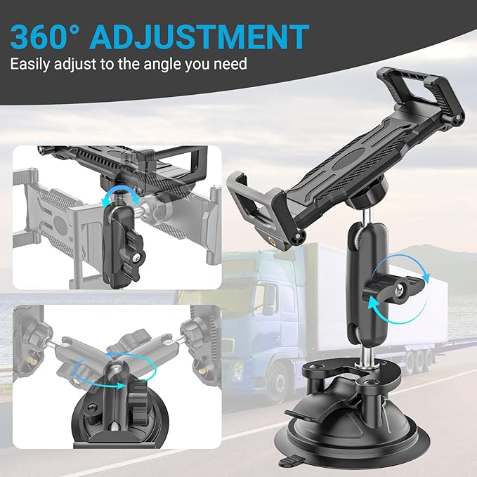Truck Vacuum Suction Cup Windshield Tablet Mount, Dashboard Heavy Duty 360° Rotation Tablet Holder for Car Tractor, Fit for iPad Pro 12.9 Air Mini, Galaxy Tab and 6.1-15.6" Device with Case