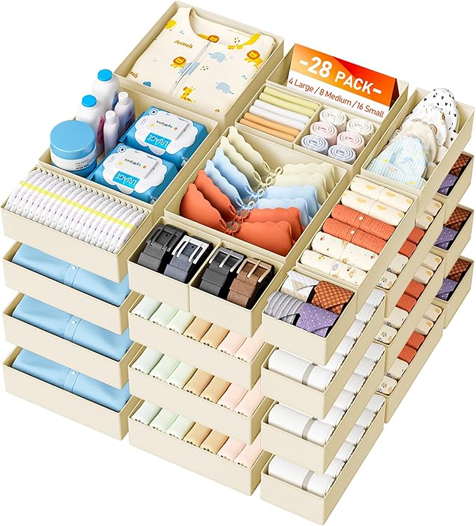 DIMJ Drawer Organizer Clothes- 26 Pack Baby Dresser Organizer for Nursery, Small Fabric Closet Drawer Organizer Bins for Unde