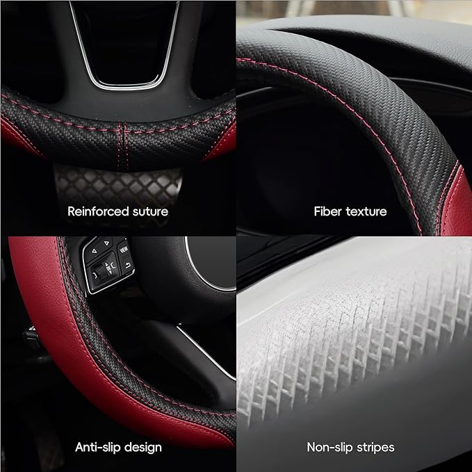 LABBYWAY Microfiber Leather Auto Car Steering Wheel Cover, Universal 15 Inch Anti-Slip Wheel Protector, Claret