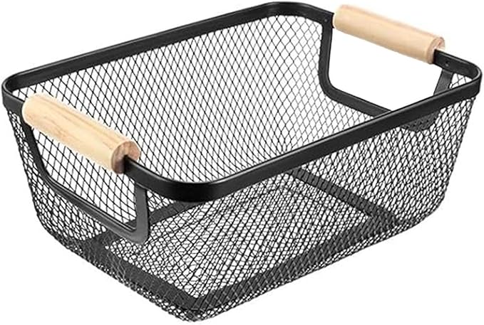 AJIODA Metal Mesh Steel Basket, Small Wire Storage Organizer Basket Multi-function Hanging Kitchen Basket with Wood Handle fo