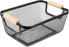 AJIODA Metal Mesh Steel Basket, Small Wire Storage Organizer Basket Multi-function Hanging Kitchen Basket with Wood Handle fo