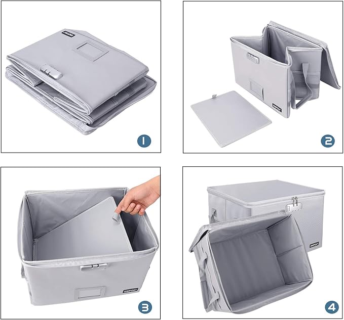 ENGPOW File Box with Lock, Fireproof Document Box with Zipper＆Pockets, Collapsible File Organizer Filing Storage Cabinet with