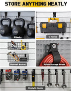 AZUNO 32Pcs Slatwall Accessories Set with 4 Slatwall Baskets & 26 Multi-Sized Slatwall Hooks and 2 Heavy-Duty Storage Straps 