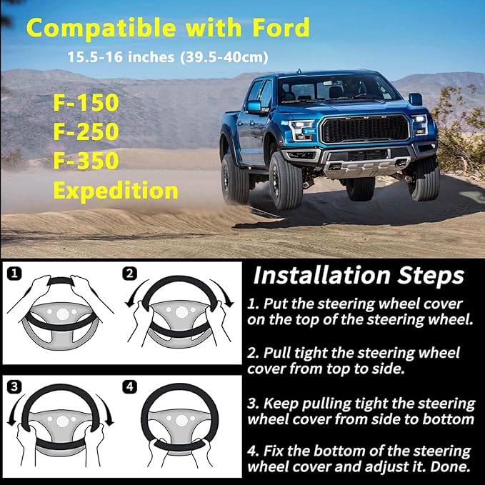 Yangday Leather Steering Wheel Cover for Ford F150 F250 F350, 15.5-16 inches Car Steering Wheel Cover with Non-Slip Breathabl