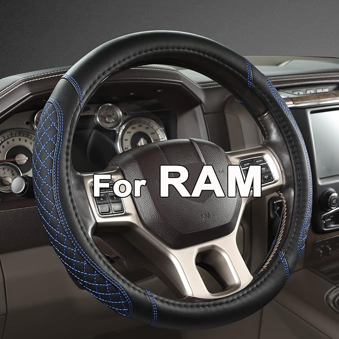 West Llama Customized Auto Car Steering Wheel Cover for Dodge RAM 1500 2500 3500, 15.5-16 inch (Diamond Quilted-Black+Blue-La