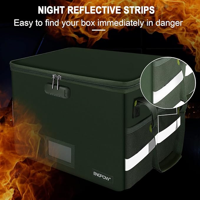 ENGPOW File Box with Lock, Fireproof Document Box with Pockets, Collapsible File Organizer Filing Storage Cabinet with Handle