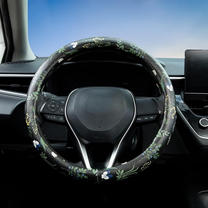 Boho Floral Steering Wheel Cover Auto Leather Steering Wheel Protector, Anti-Slip, Breathable, Absorbing Sweat, Universal Flo