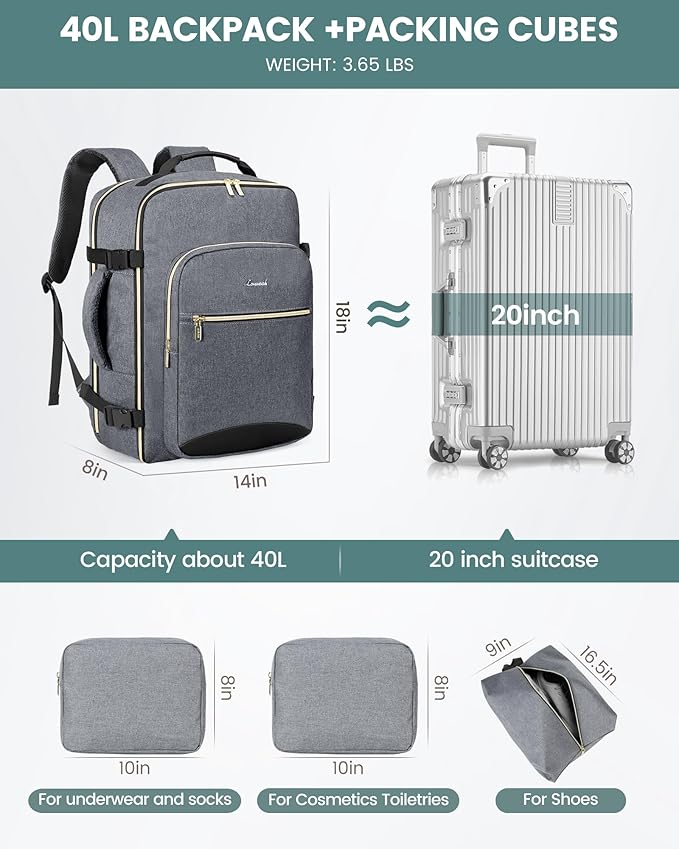 LOVEVOOK Travel Backpack for Women & Men 40L,Airline Approved Carry On Backpack Travel Essentials,TSA Carry on Luggage,Waterp