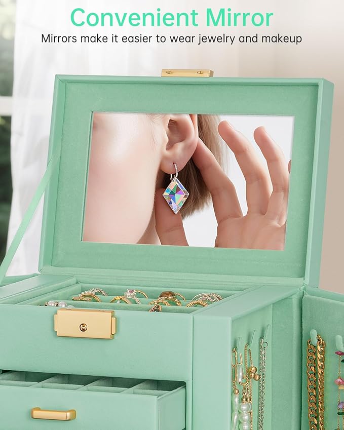 AKOZLIN 4-Tier Jewelry Box Leather Jewelry Storage Organizer with 3 Drawers Lockable for Women Girls Ring Necklace Earring Br