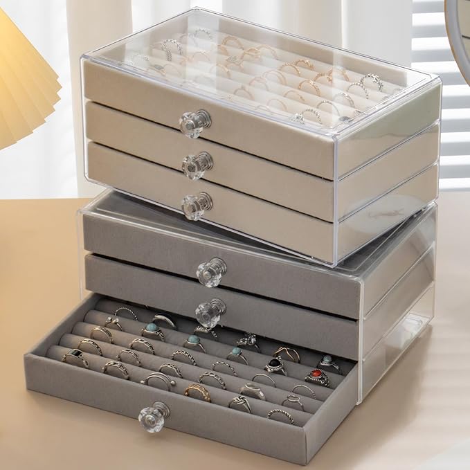 SPAKOWN Ring Box Display Holder, Clear Velvet Jewelry Storage Tray Organizer for Ring Stud Earring (Grey - 3 Drawers)