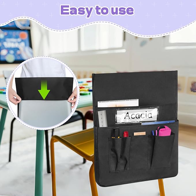 Chair Pockets for Classroom 12 Pack 15 x 19 Inch Chairback Buddy Pocket Chart Seat Back Organizer Student Storage with Lable Slot for Classroom Kindergarten School Home (Black)