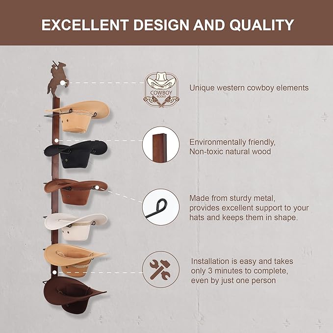 Cowboy Hat Rack Holder for Wall - Wild Western Style Design Hat Organizer with 6 Hat Hooks for Wall Mount, Hat Stand and Hang