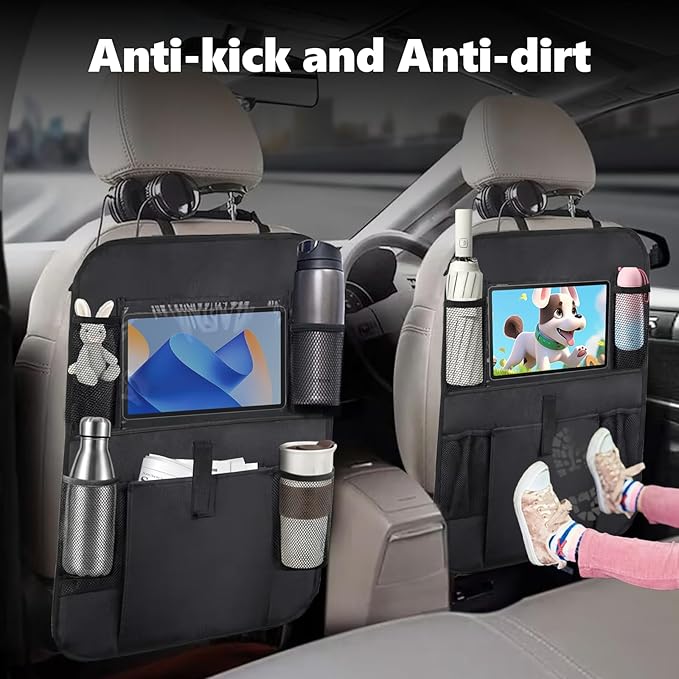 2PCS Car Backseat Organizer with 10" Tablet Holder, Waterproof Oxford Fabric Auto Back Seat Protector Kick Mat, Multi-Pocket Back Seat Organizer Storage, Travel Car Accessories (Large Pocket)