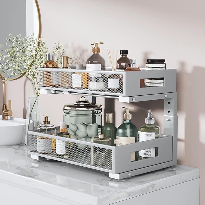 1 Pack 17IN Depth Under Sink Organizer, 2-Tier Pull Out Cabinet Organizer With Smooth Circular Rail, Large Capacity Metal Mes