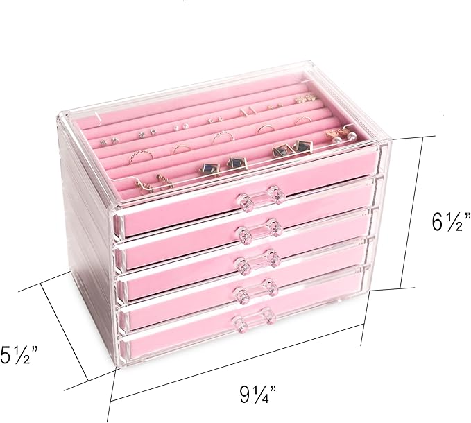 Frebeauty Extra Large Acrylic Jewelry Box for Women 5 Layers Clear Jewelry Organizer Velvet Earring Box with 5 Drawers Rings 