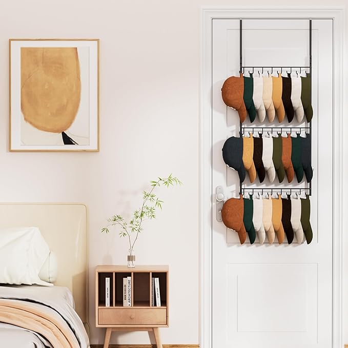 HapiRm Over Door Hat Rack - 3 Tier Wall Mounted Hat Organizer with 24 Hooks, Baseball Cap Organizer Storage Holds up to 24 Ca