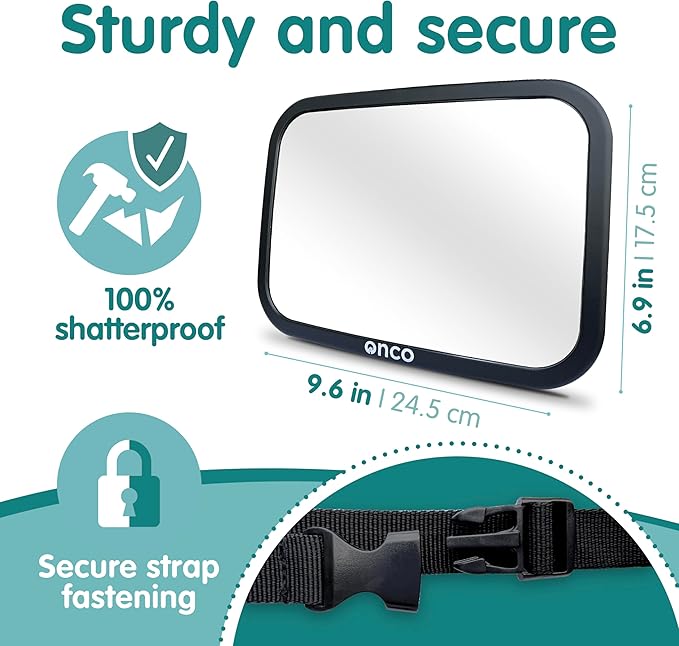 Onco Baby Car Mirror Rear Facing (2 Pack) - 100% Shatterproof & Shakeproof, Award-Winning Convex Car Mirror for Baby with 360° Rotation, Newborn Essentials (9.6 x 6.9 in)