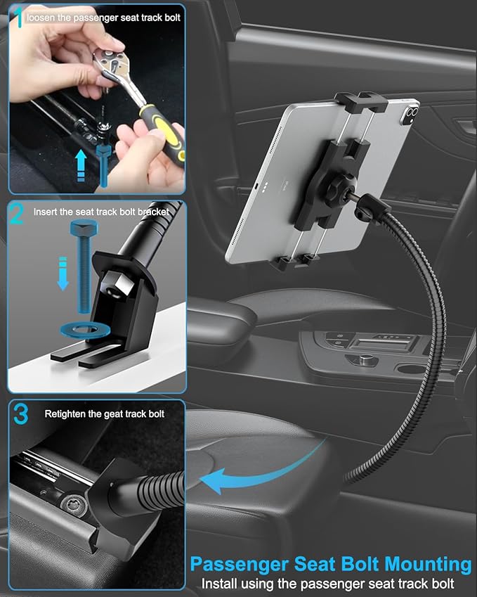Car Seat Rail Tablet Holder for Truck, Gooseneck Heavy-Duty Front Passenger Seat Tablet Mount, 20inch Adjustable Metal Arm Compatible with 4-13" iPad Pro Air Mini, iPhone, Galaxy Tabs, Z Fold, Fire HD