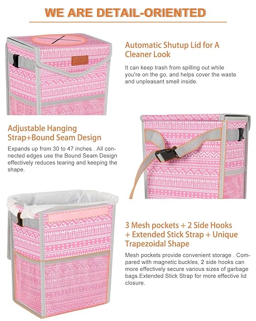 Car Trash Can with Lid, Cute Leakproof Car Trash Garbage Bag Hanging Vehicle Trash Bin Small Portable Automotive Garbage Cans Organizer for Back/Front Seat/Console(Trapezoid,Pink Print)
