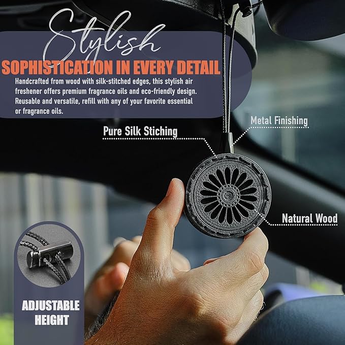 Handmade Wood Car Air Freshener — Best Wheels Designed Refillable Essential Oil Diffuser — Long Lasting diAquatoria Fragrance