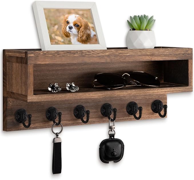 Key and Mail Holder Wall Mount, Key Hanger with Long Storage Box and 6 Hooks for Coat, Dog Leash, Home Decor Rack, House Acce