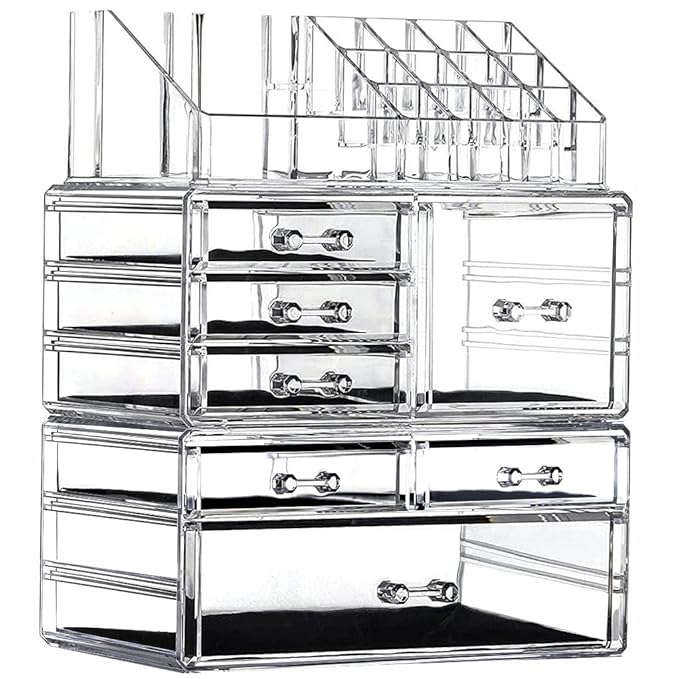 Clear Acrylic Makeup Organizer for Vanity,Countertop,Stackable 7 Drawers Bathroom Skincare Organizer with Brush Holder,Large 