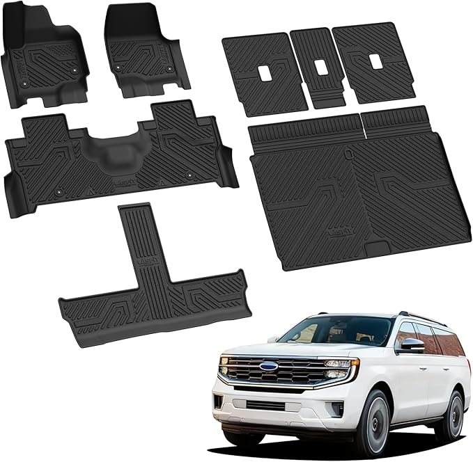LASFIT Floor Mats&Cargo with Backrest Mat for 8 Seats 2025 2026 Ford Expedition MAX, All Weather TPE Custom Fit for SUV Car Liners, 1st& 2nd& 3rd& Cargo Liner, Black 5pcs