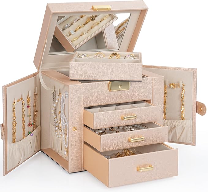 AKOZLIN 4-Tier Jewelry Box Leather Jewelry Storage Organizer with 3 Drawers Lockable for Women Girls Ring Necklace Earring Br