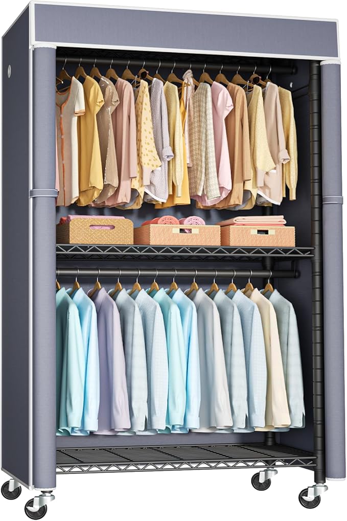 FUTASSI Black Clothing Rack with Grey Cover, P1C Rolling Closets with Wheels, Metal Garment Rack for Hanging Clothes, Clothin