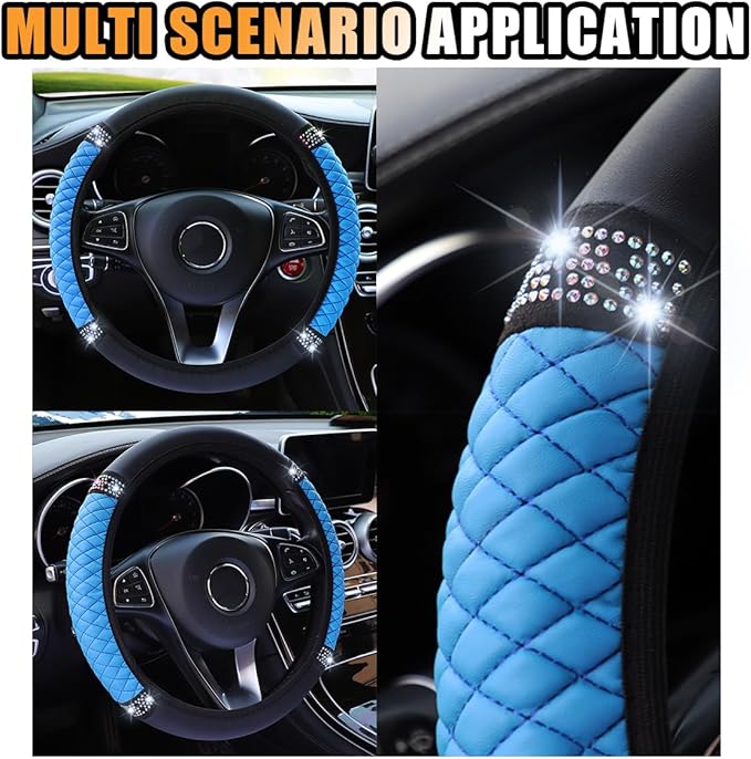 Bling Soft Leather Steering Wheel Cover, 15 Inch Colorful Rhinestones Auto Elastic Protector with Crystal Diamond for Women G