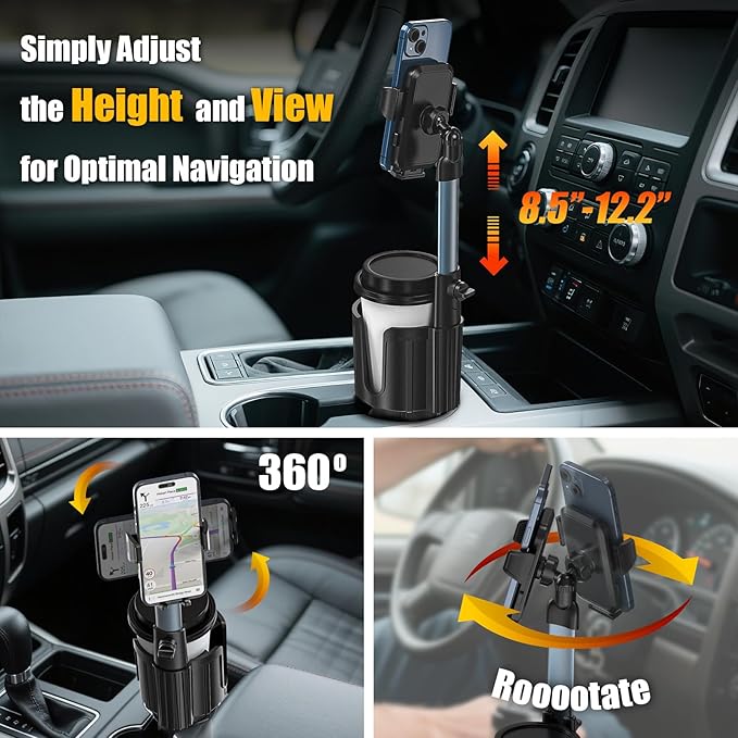 Car Phone Mount with Cup Holder Expander - Upgraded Anti-Shake 2-in-1 Cup Phone Holder for SUVS Trucks with Adjustable Alumin