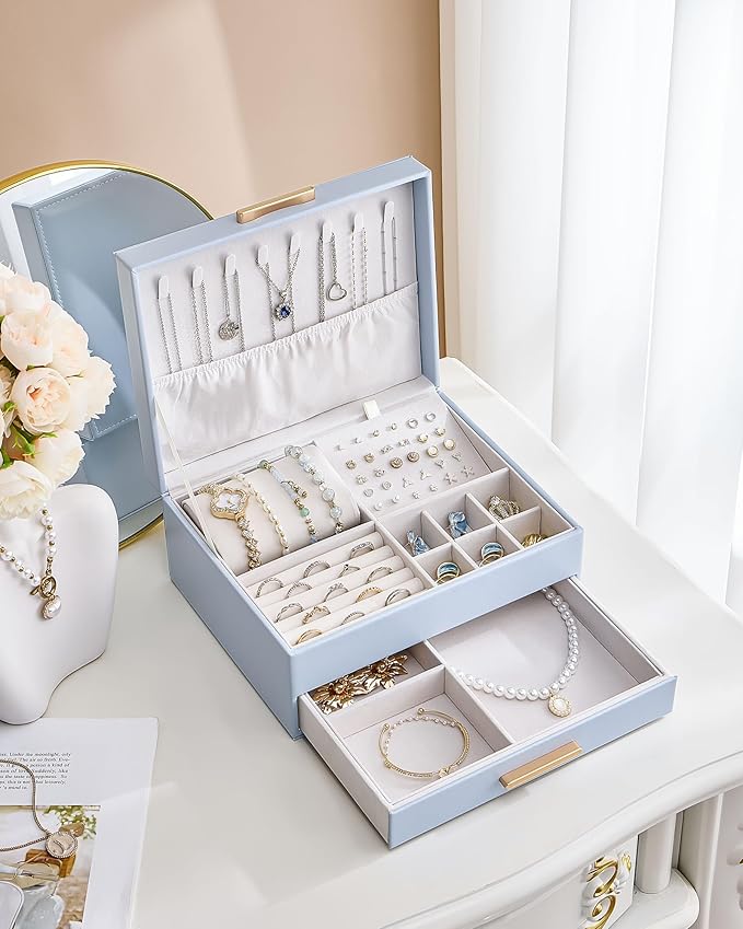Lolalet 2-Layer Jewelry Box Organizer for Women Girls, Jewelry Storage Case Holder with Drawers for Necklaces Ring Earrings B