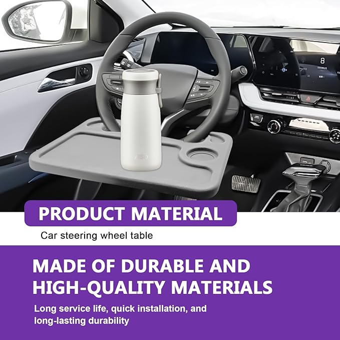 Car Steering Wheel Desk Tray for Laptop and Eating 2 in 1 Multipurpose Travel Accessory with Drink and Pen Holder Compatible with Most Vehicles Grey