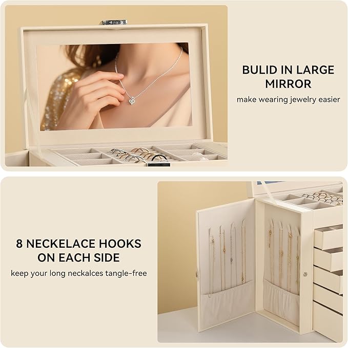 Frebeauty Large Jewelry Box,6-Tier PU Leather Jewelry Organizer,Multi-functional Storage Case with Mirror,Accessories Holder 