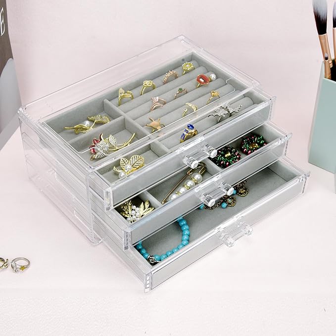 Weiai Acrylic Jewelry Box 3 Drawers, Velvet Jewellery Organizer, Earring Rings Necklaces Bracelets Display Case Gift for Wome
