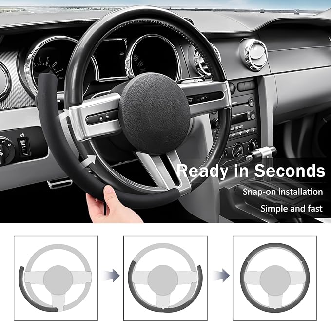 Leather Fiber Steering Wheel Cover for Ford Mustang 2005-2023, 3 Piece Clip on Set,Anti-Slip Segmented Design,Thin Car Interior Accessories,Car Steering Wheel Cover for Men Women(Black)