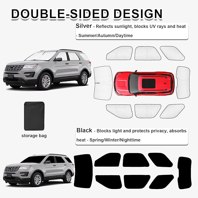 KMF 8pcs Thicken Sun Shades for Ford Explorer 2011-2019 Accessories,Windshield Sunshade Full Car Window Covers for Side Rear, Sun Visor UV Block and Blackout Privacy for Camping Outdoor