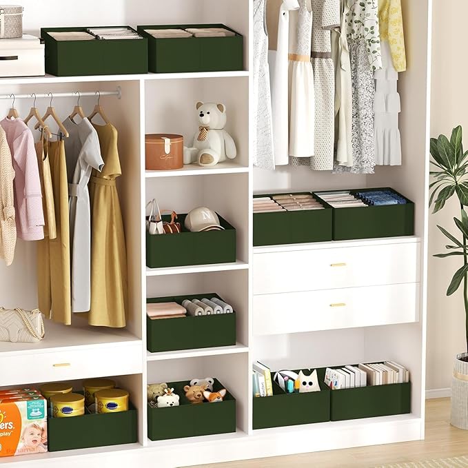 DIMJ Large Closet Shelf Organizer Bins 4 Packs with Handles and Divider, Fabric Trapezoid Storage Baskets, Foldable Clothes C
