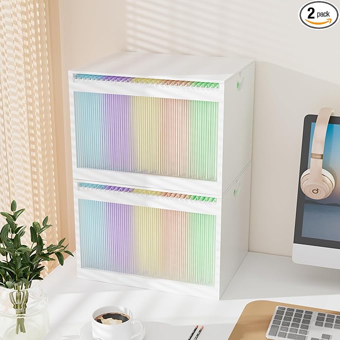 Bamboo Hanging File Boxes with Lids 2 Pack, File Organizer Box for Letter/Legal File, File Box with Hanging Folders Acrylic L