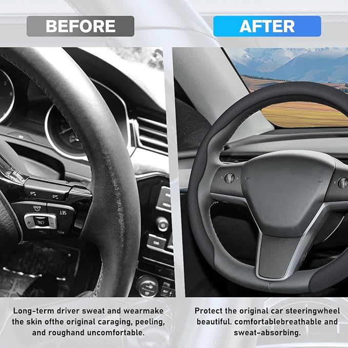 Car Nappa Leather Steering Wheel Cover, 15" Fashionable 5D Anti-Slip Vehicle Steering Wheel Protector, Breathable Auto Interi