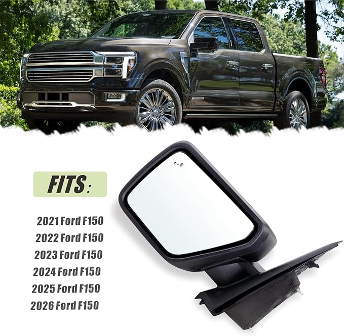 Left Driver Side Door Mirror Compatible With 2021 2022 2023 2024 2025 2026 Ford F150 With Power Glass Manual Folding Heated Blind Spot Matte Black Replace#ML3Z17683VA(7 Pins)
