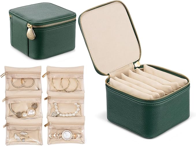 VLANDO Travel Jewelry Box Organizer – Portable PU Leather Jewelry Case with 6/8/12 Zippered Pouches, Compact Storage for Earr