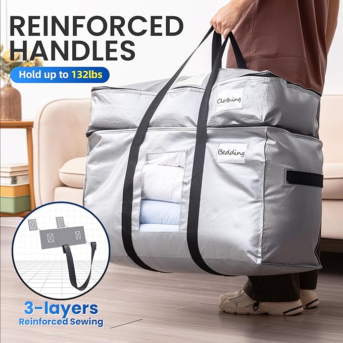TAILI 2 Tier Extra Large Moving Bags, 2 Pack Silver Heavy Duty Totes for Storage with Visible Window, Wrap Around Handles, St