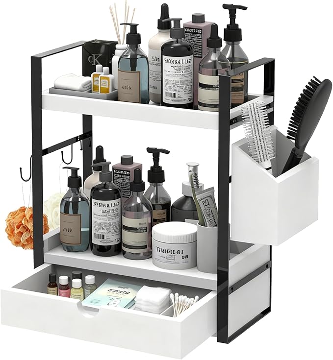 2-Tired Bathroom Counter Organizers and Storage, Bathroom Countertop Organizer with Drawer, Solid Wood Skincare Perfume Organ