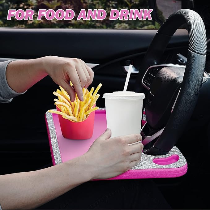 eing Bling Auto Steering Wheel Desk, Laptop,Tablet, Notebook Car Travel Table, Food Eating Hook On Steering Wheel Tray, for Constant Travelers, Fits Most Vehicles Steering Wheels, White+Rose Red