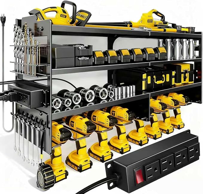 Heavy Duty Power Tool Organizer Wall Mount with Charging Station, 4 Layer Tool Storage Rack with 8 Drill Holder & Power Strip